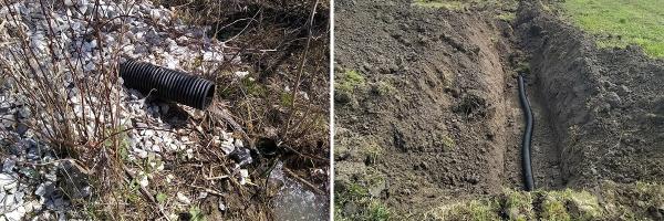 Tile drainage discharging water from a farm field in the Dead Creek watershed of Vermont and a tile drainage system being installed in a farm field near Lake Champlain. Photos: Joshua Faulkner Water draining from buried black pipe
